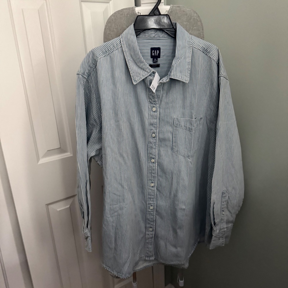 Gap Mens Denim Stripe Big Shirt XL Blue Railroad Oversized Cotton Workwear NWT